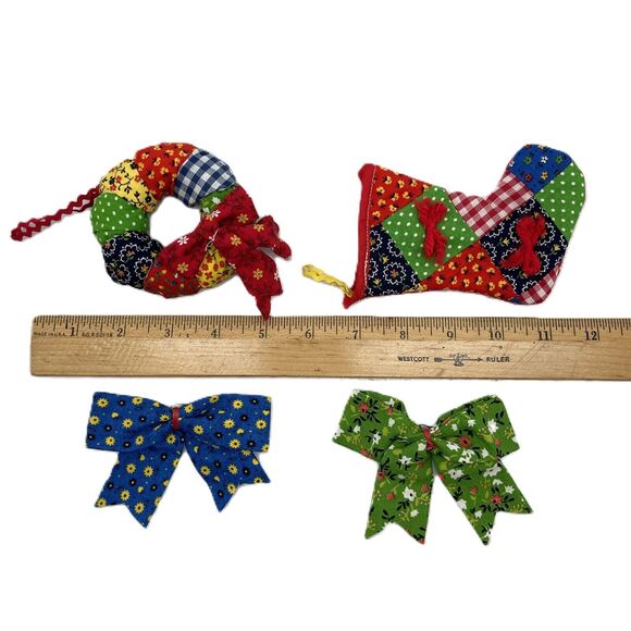 Lot of 4 Vintage Quilted Fabric Patchwork Christmas Tree Ornaments Handmade - Picture 7 of 12